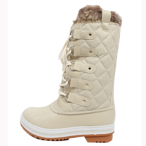 Size 6 Off White Lace Up Quilted Mid Calf Winter Snow Boo - Picture 4 of 9